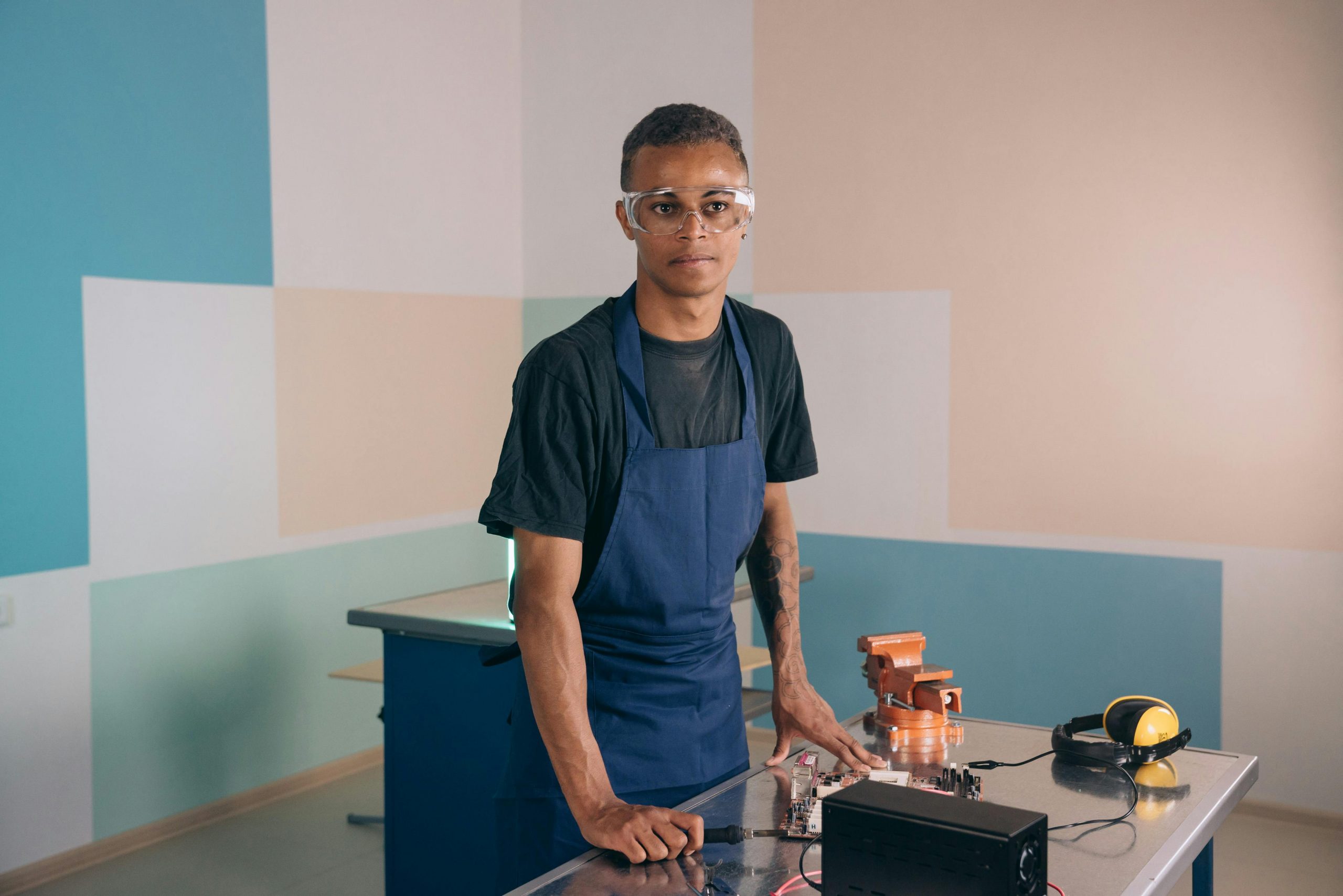 electrician student wearing safety goggles